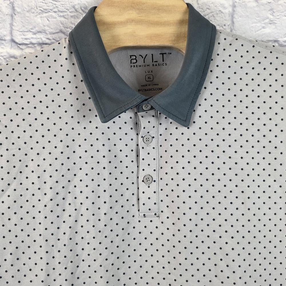 BYLT Lux Premium Polo Men Gray Polka‎ Dot Golf Casual Short Sleeve Shirt Size XL